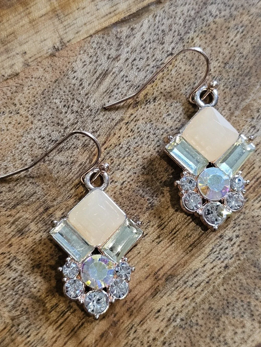 Art Deco Style Dangle Earrings w/ Peach, Clear & Aurora Borealis Rhinestones